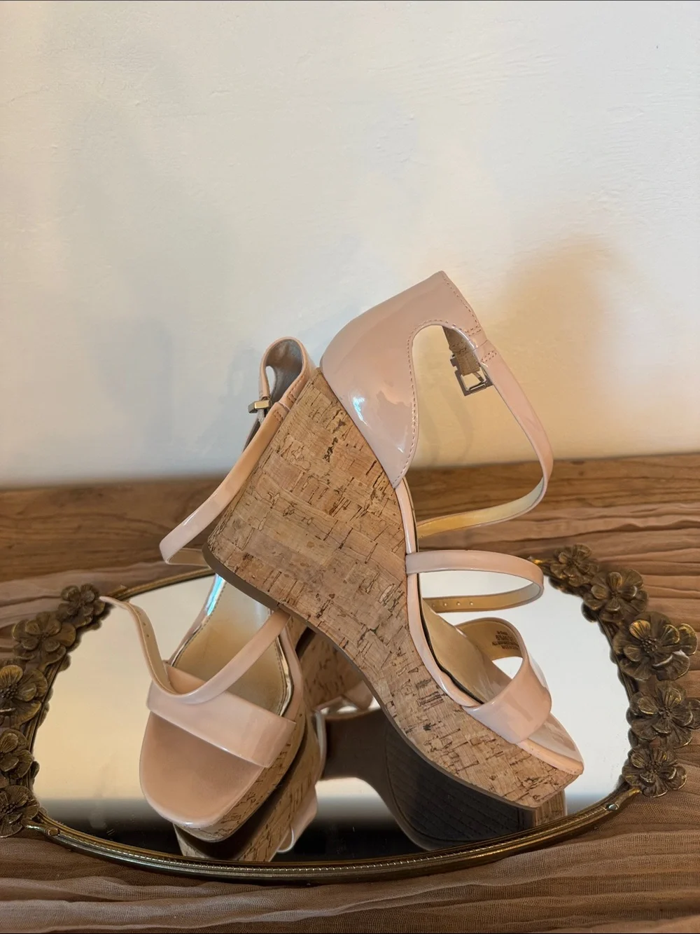 Jessica Simpson Pastel Pink Patent Cork Wedge Strappy Sandals